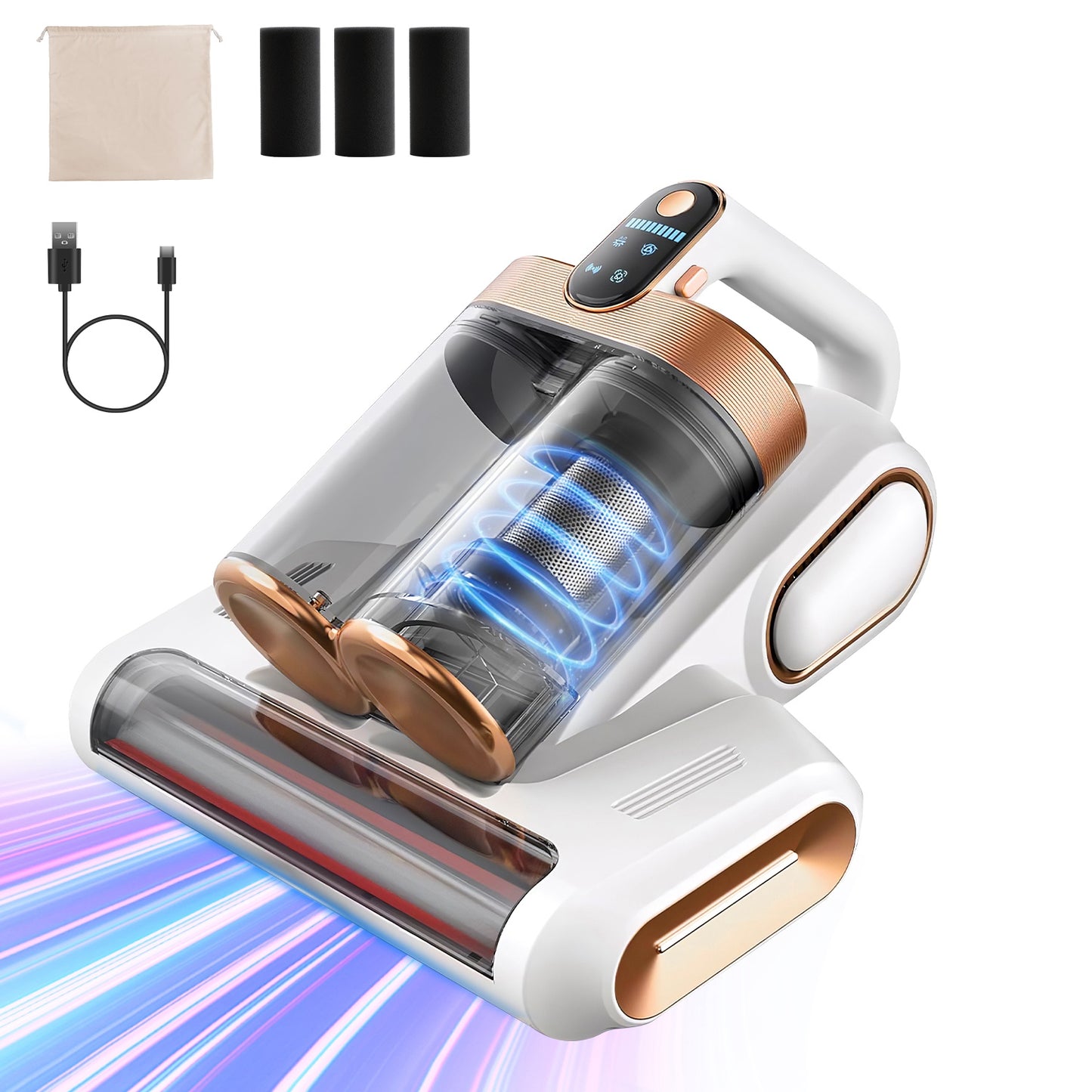 Mattress Vacuum Cleaner 16Kpa Bed Vacuum Cleaner Handheld Vacuums with Ultrasonic & UVC Light 18000 RPM Brushroll Rotation Dual Dust Bins Washable Fil