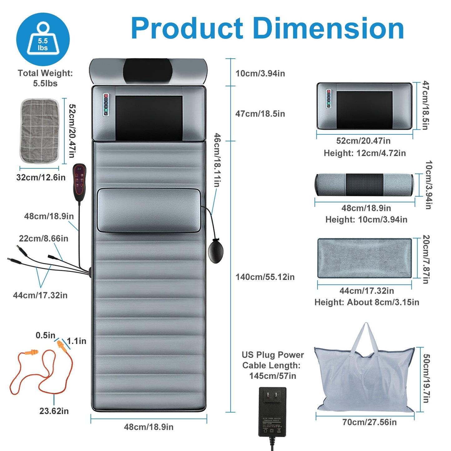 Advanced Version Full Body Electric Massage Mat With Heat Vibration Massage Pad Cushion With Neck Massager Lumbar Pillow With 10 Vibration Motors 3 Timers Anti-Slip Bottom Earplugs