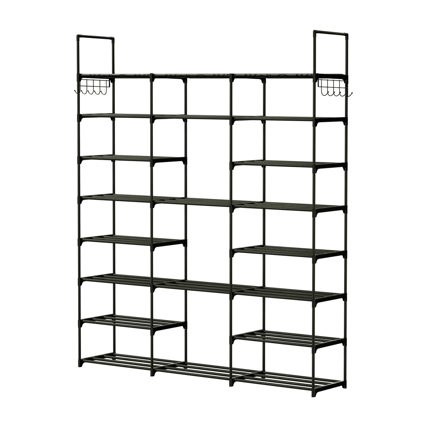 8-Tier 3-Row Shoe Rack Metal Shoe Storage Shelf Free Standing Large Shoe Stand 42 Pairs Shoe Tower Unit Tall Shoe Organizer with 2 Hooks for Entryway