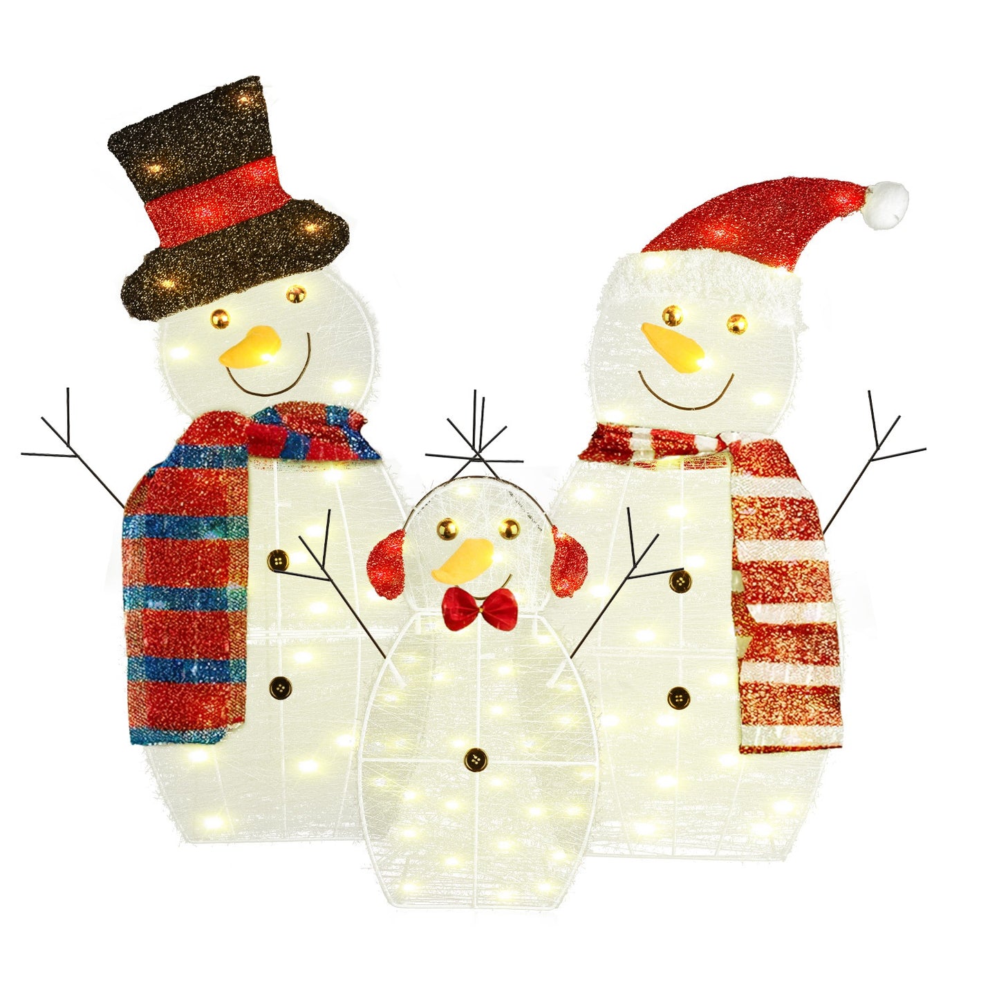 3Pcs 2D Christmas Snowman Yard Decoration Snowman Family Outdoor Decoration With 90Pcs LED Warm Yellow Lights 8 Lighting Modes IP44 Waterproof For Chr