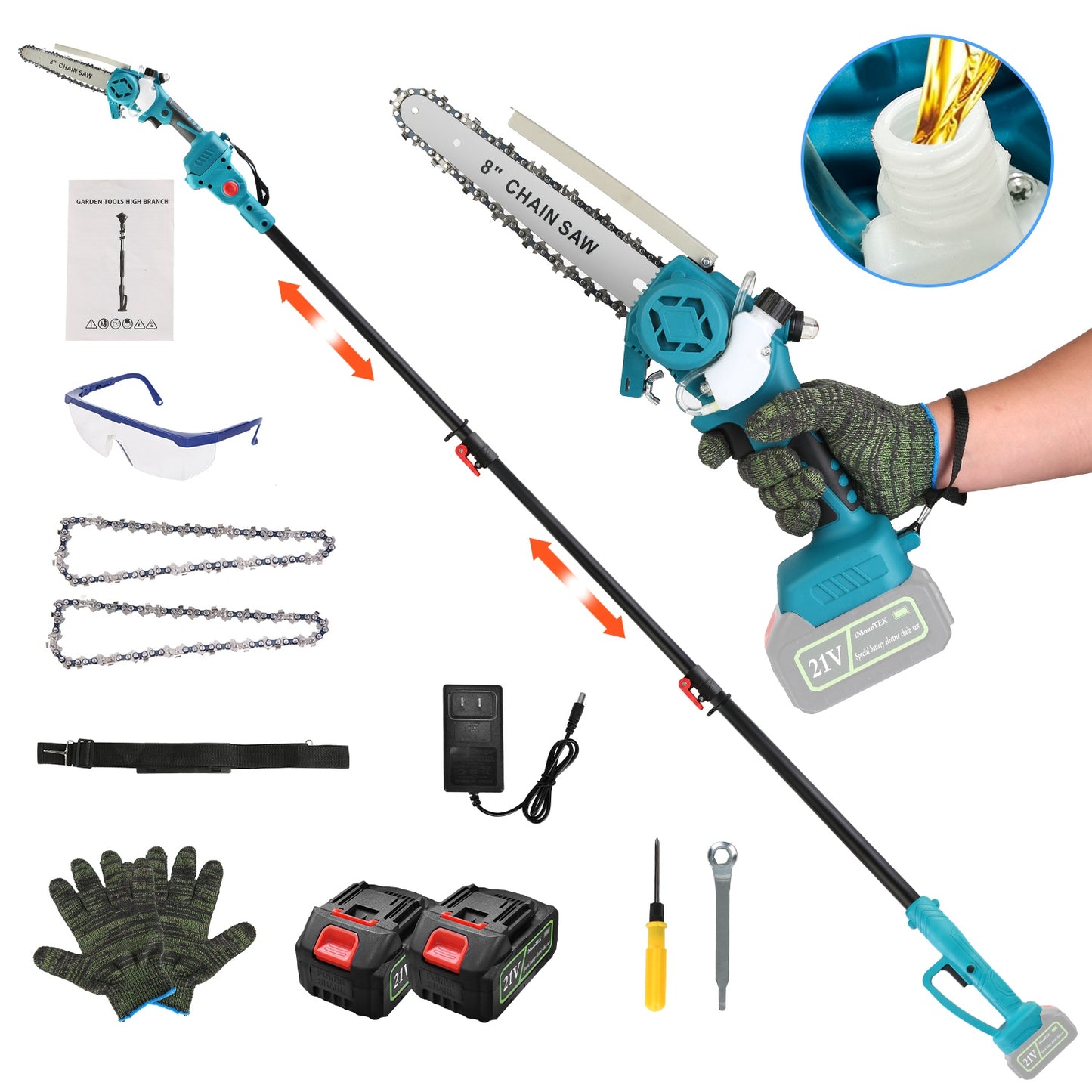 2-IN-1 Cordless Pole Saw And Mini Chainsaw With Extension Pole 21V Battery 8” Electric Brushless Pole Chainsaw with Auto Oiler Safety Switch 6.4LBS Li