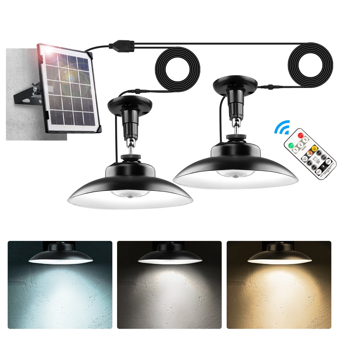 2Pack Solar Shed Lights with Separate Panel Wall Mounted Solar Pendant Light Indoor Outdoor with Remote Timer 3 Modes 3 Light Colors IP 55 Waterproof