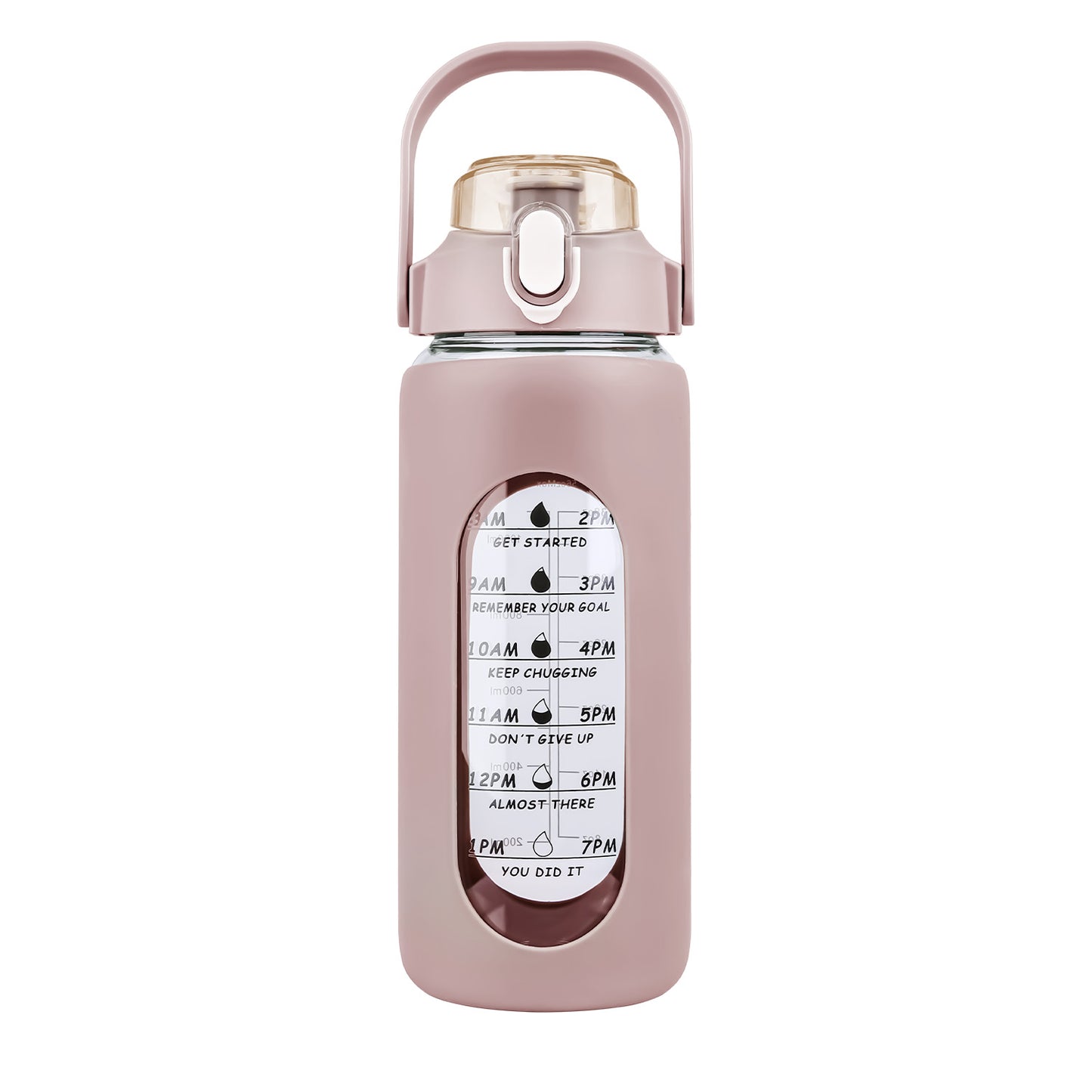 64Oz Glass Water Bottle Sports Water Bottle Motivational Water Bottle Water Intake Tracker Bottle with Straw Time Marker Silicone Sleeve Handle for Gy
