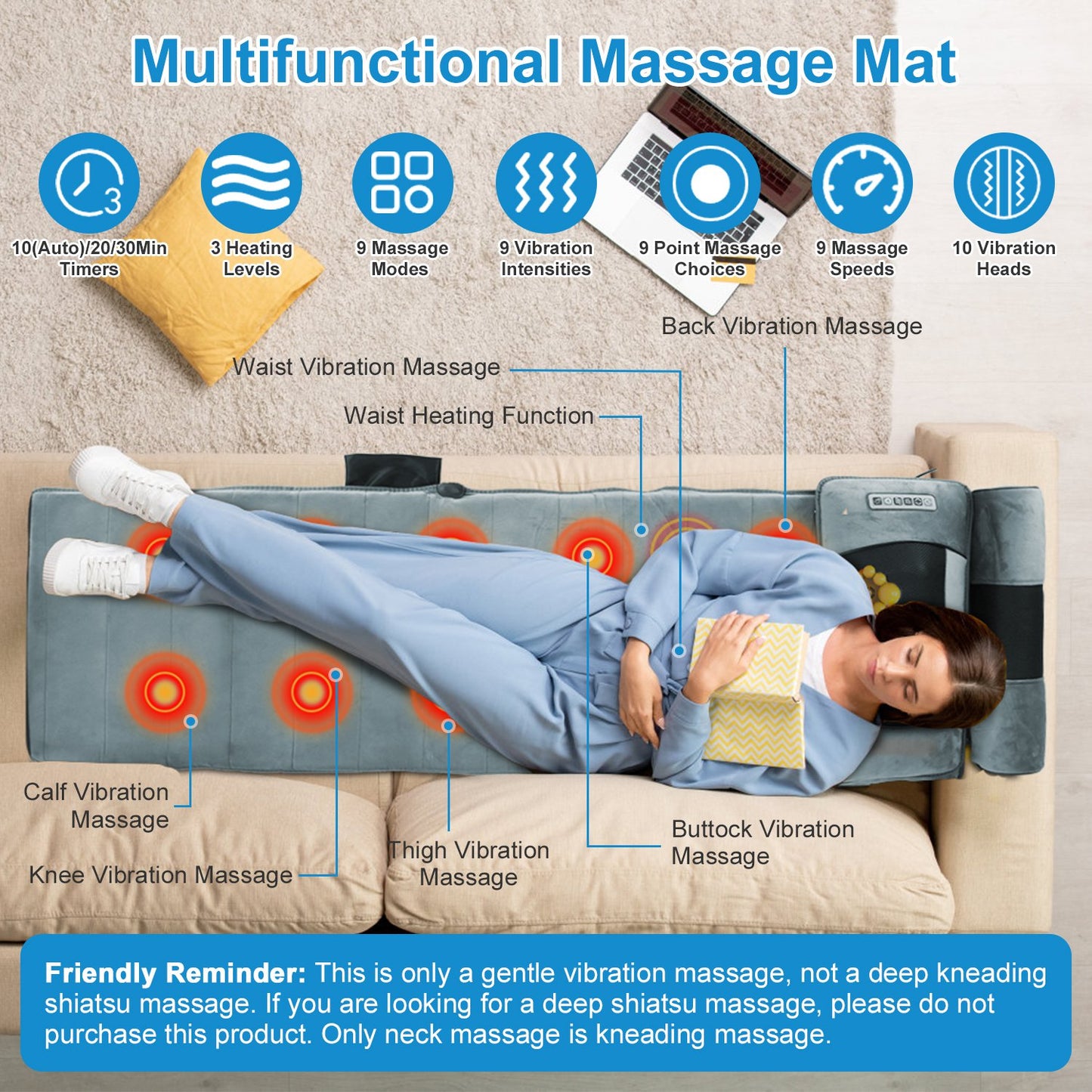Advanced Version Full Body Electric Massage Mat With Heat Vibration Massage Pad Cushion With Neck Massager Lumbar Pillow With 10 Vibration Motors 3 Timers Anti-Slip Bottom Earplugs