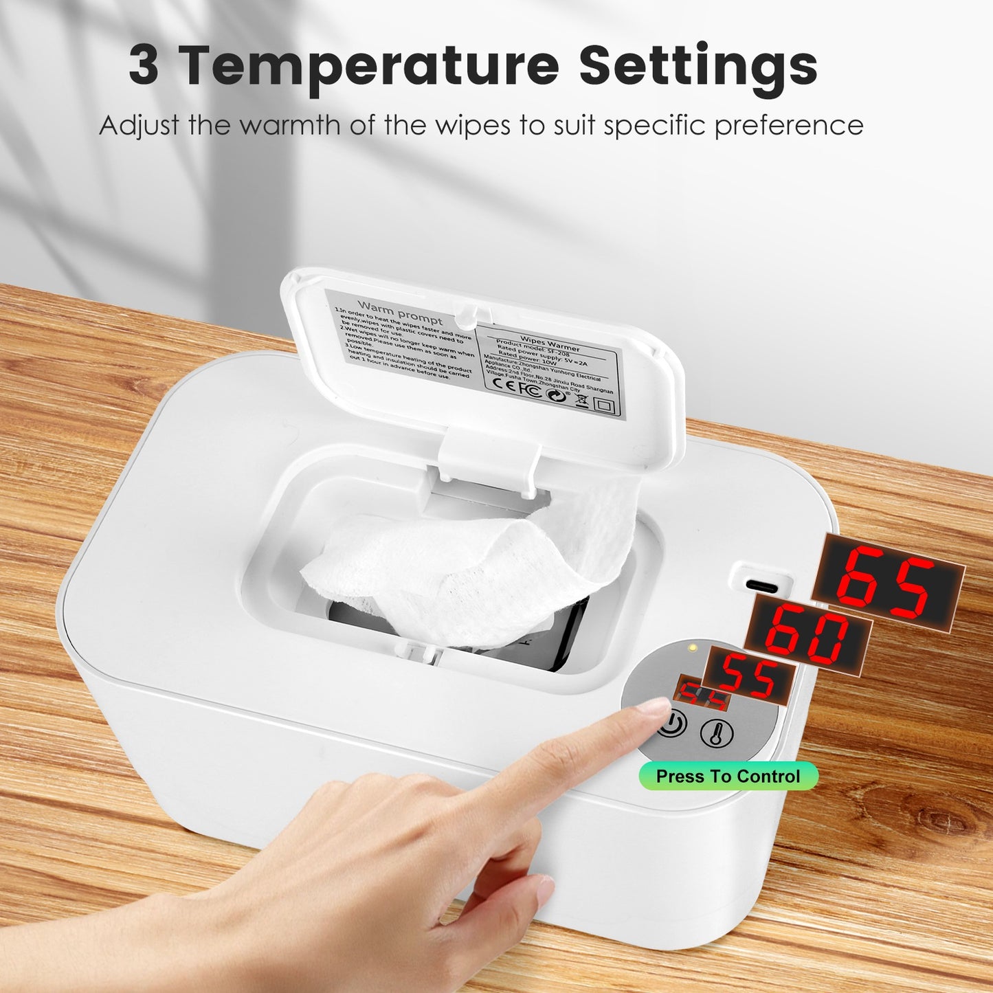 1Pc Baby Wipe Warmer With 3 Temperature Settings Type C Powered Baby Wet Wipes Dispenser With Night Light Large Capacity Diaper Wipe Warmer For Baby