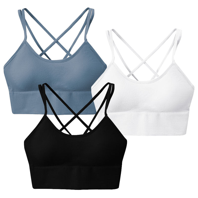 3Packs Women Cross Back Sport Bras Padded Strappy Medium Support Bras Sexy Fitness Tank Tops with Removable Pads for Gym Yoga Workout Running