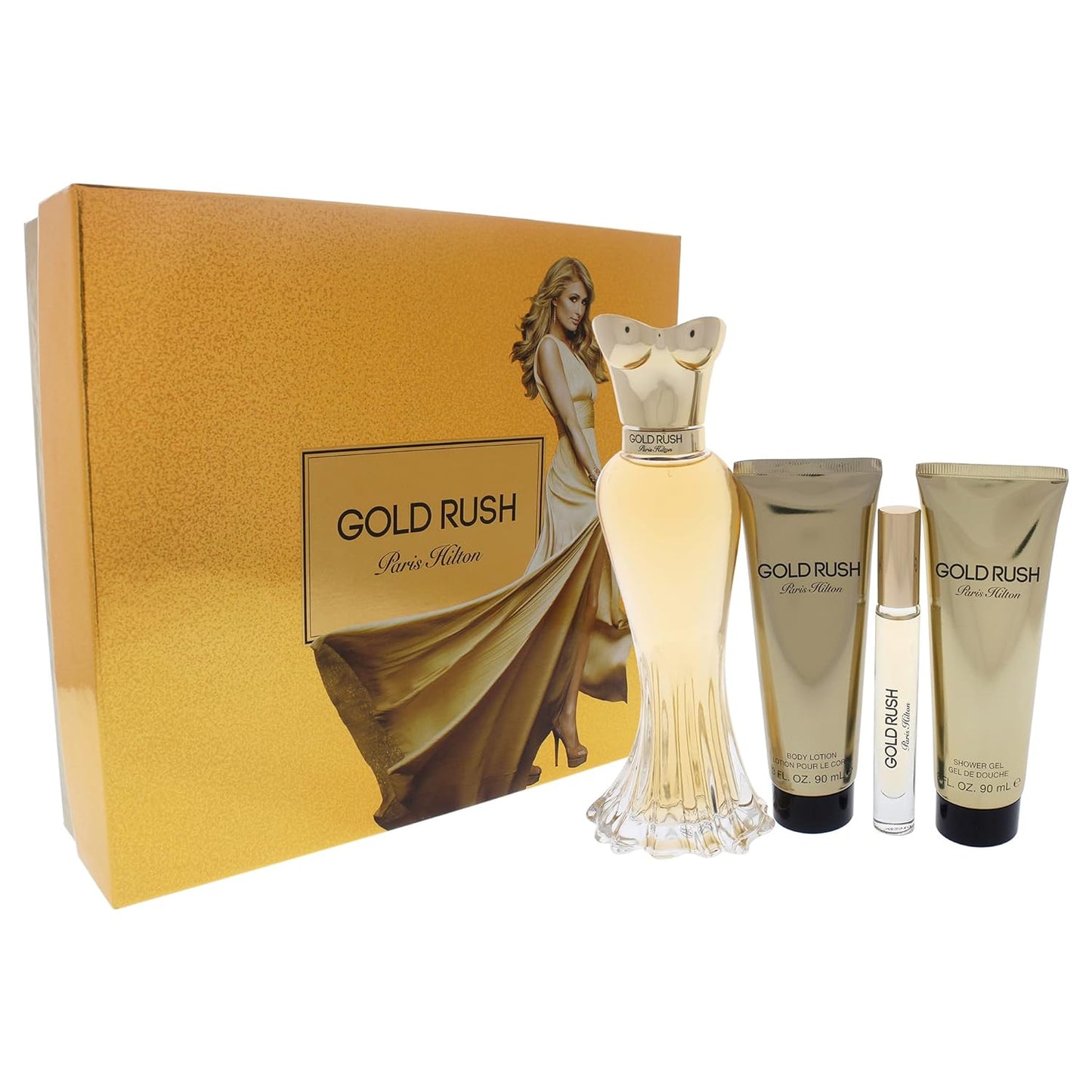 Paris Hilton Gold Rush By Paris Hilton 4 Pcs. Gift Set: 3.4 Fl. Oz. EDP 6Ml EDP 90Ml Body Lotion 90Ml Gel For Men