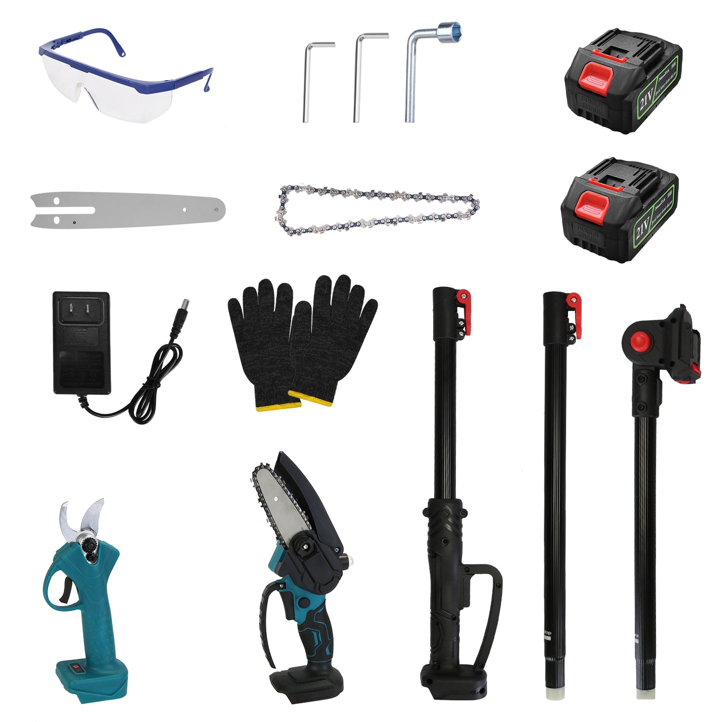 4 in 1 Cordless Pruning Shear and Electric Chainsaw With Max 5.5FT Extension Poles 4”/6” Pole Saw SK5 Blade Brushless Pruning Shear With 2Pcs 3.0Ah Ba