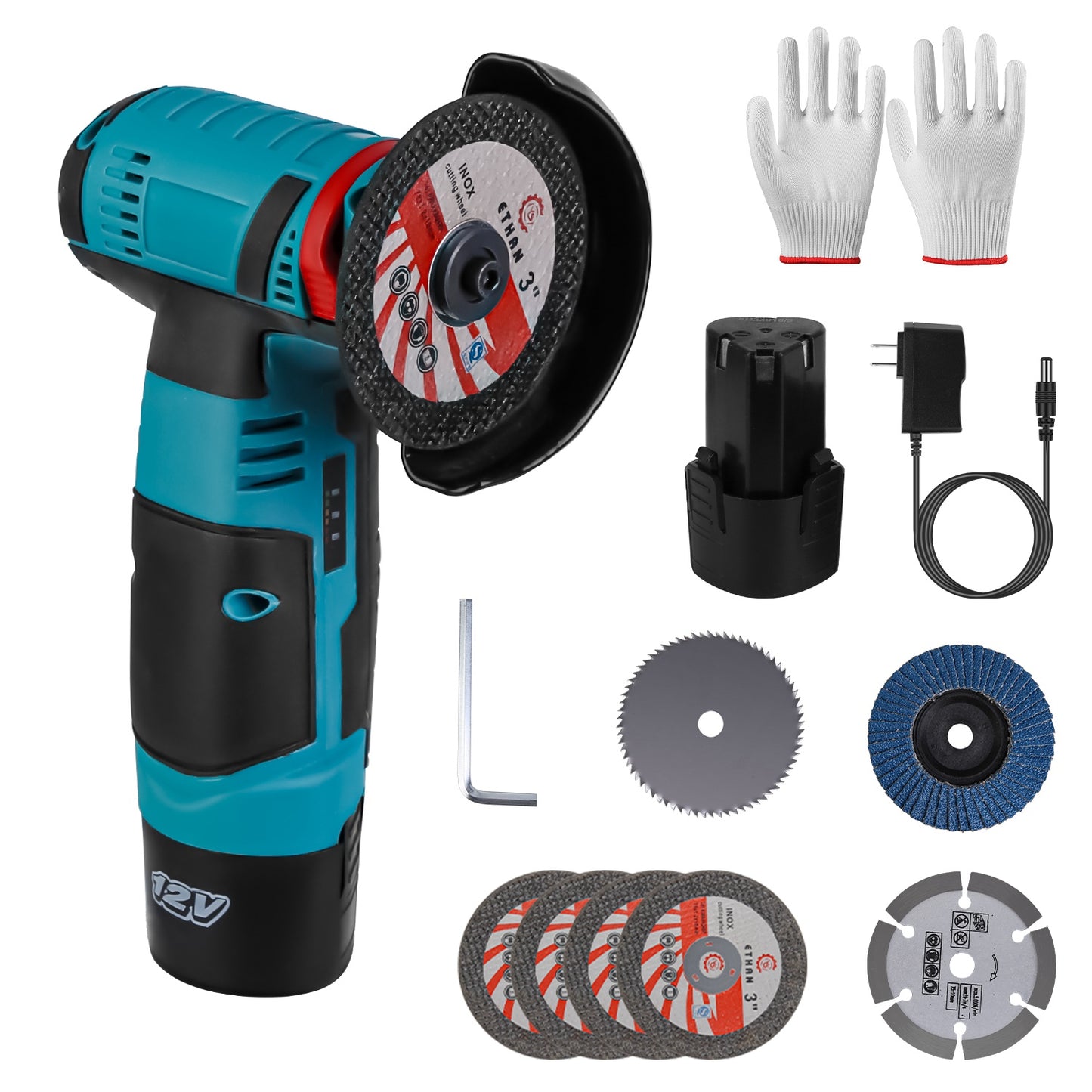 12V Cordless Mini Angle Grinder Hand Polishing Grinding Machine Cordless Cutter Grinding Tool with 7Pcs Disc 2Pcs 1100mAh Batteries and Charger Hex Ke