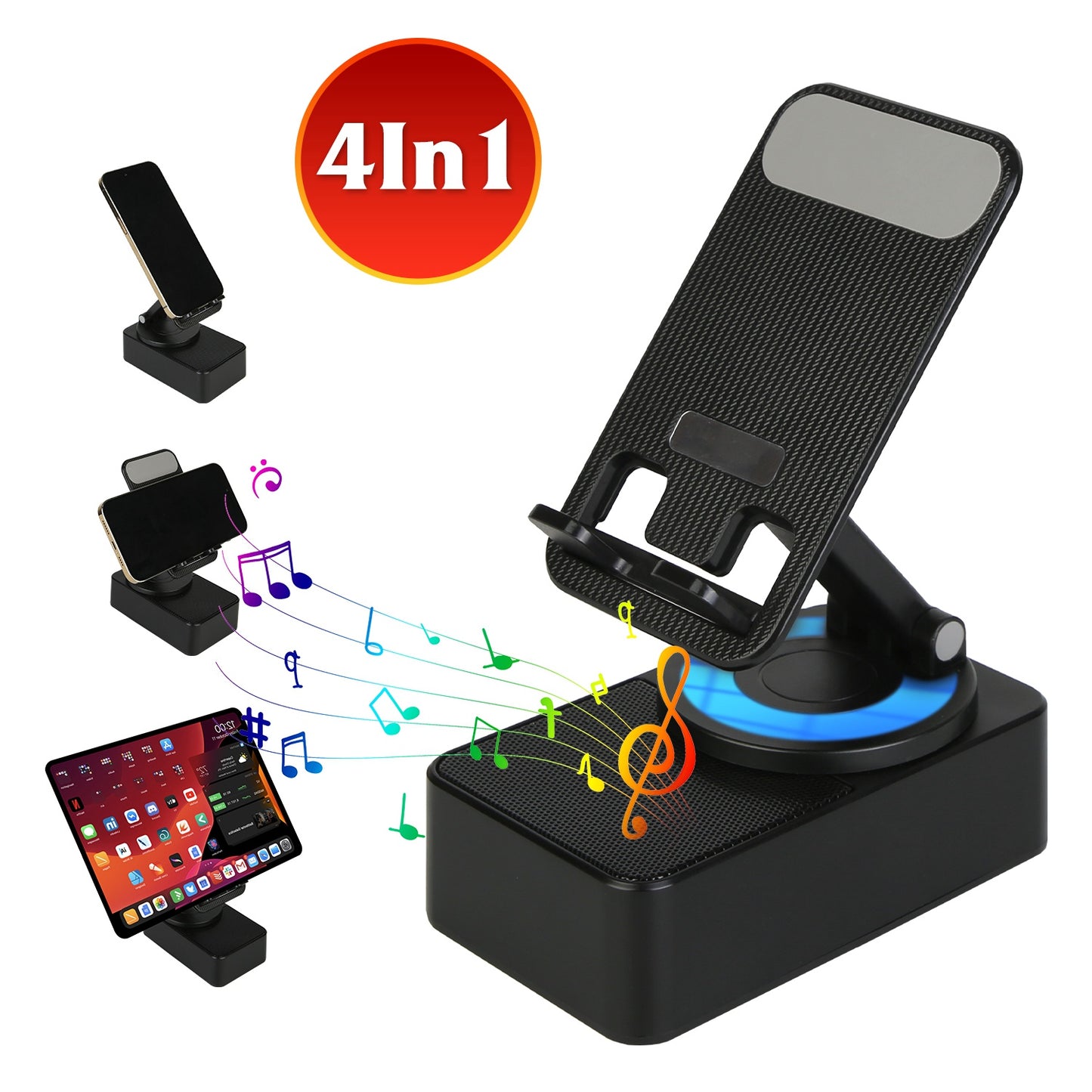 4 In 1 Foldable Wireless Speaker Phone Stand With Power Bank 360ºRotatable Stand Wireless 5.3 Speaker 5000mAh Battery RGB Light for Phones iPads