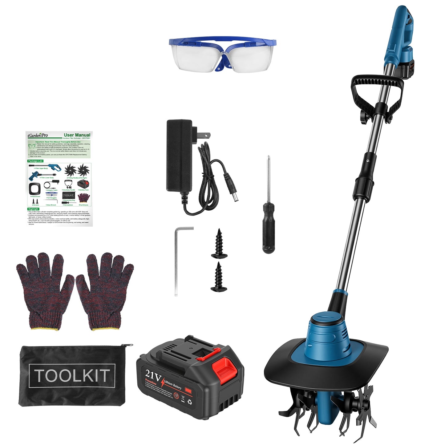 800W 21V Cordless Tiller Cultivator 3.0Ah Battery Powered Tiller with 8.66" Width 6.69" Depth Manganese Steel Tines for Soil Cultivation Weeding Garde