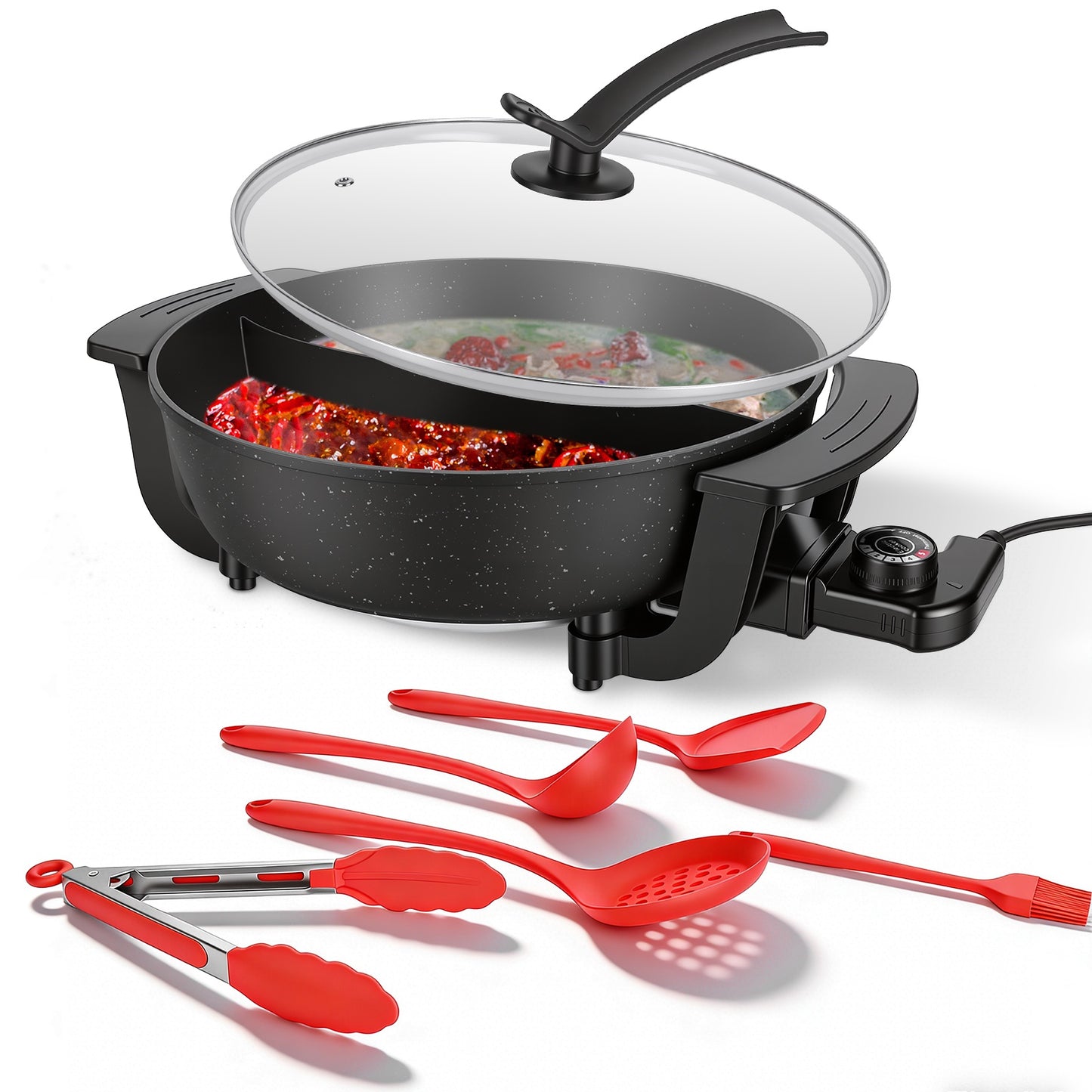 6L Electric Hot Pot with Divider 1100W Dual-Flavor Pot Shabu Shabu Pot Non-Stick with 5-Temp Control for Shabu Shabu Fondue Perfect for Family Gatheri