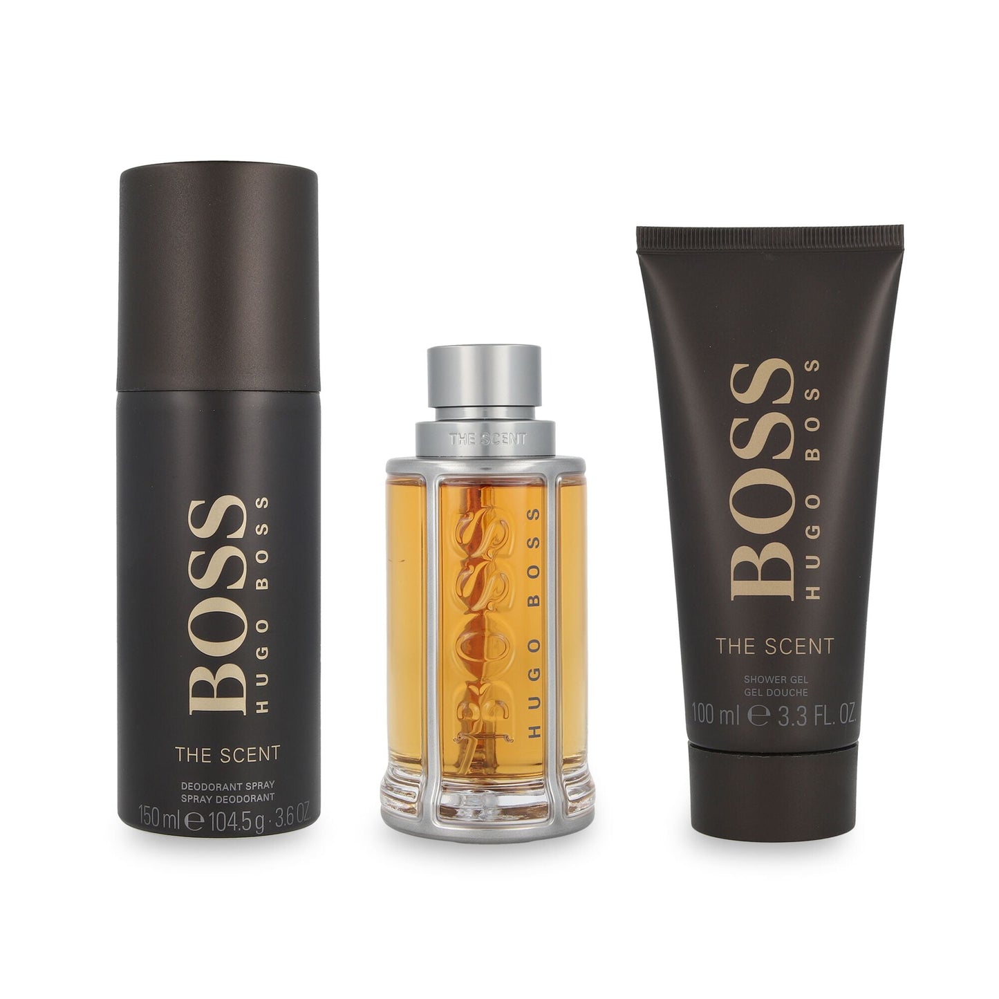 Hugo Boss The Scent 3 Pcs Set For Men: 3.3 Eau De Toilette Spray + 0.33 Oz Eau De Toilette Spray + 3.3 Shower Gel