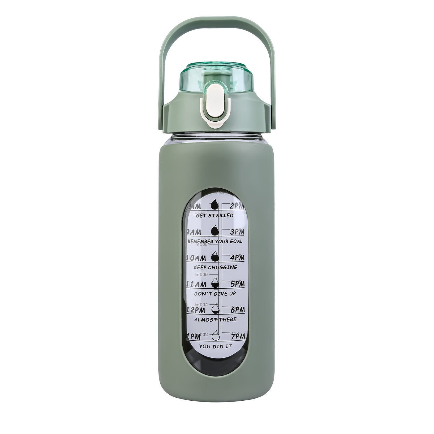64Oz Glass Water Bottle Sports Water Bottle Motivational Water Bottle Water Intake Tracker Bottle with Straw Time Marker Silicone Sleeve Handle for Gy