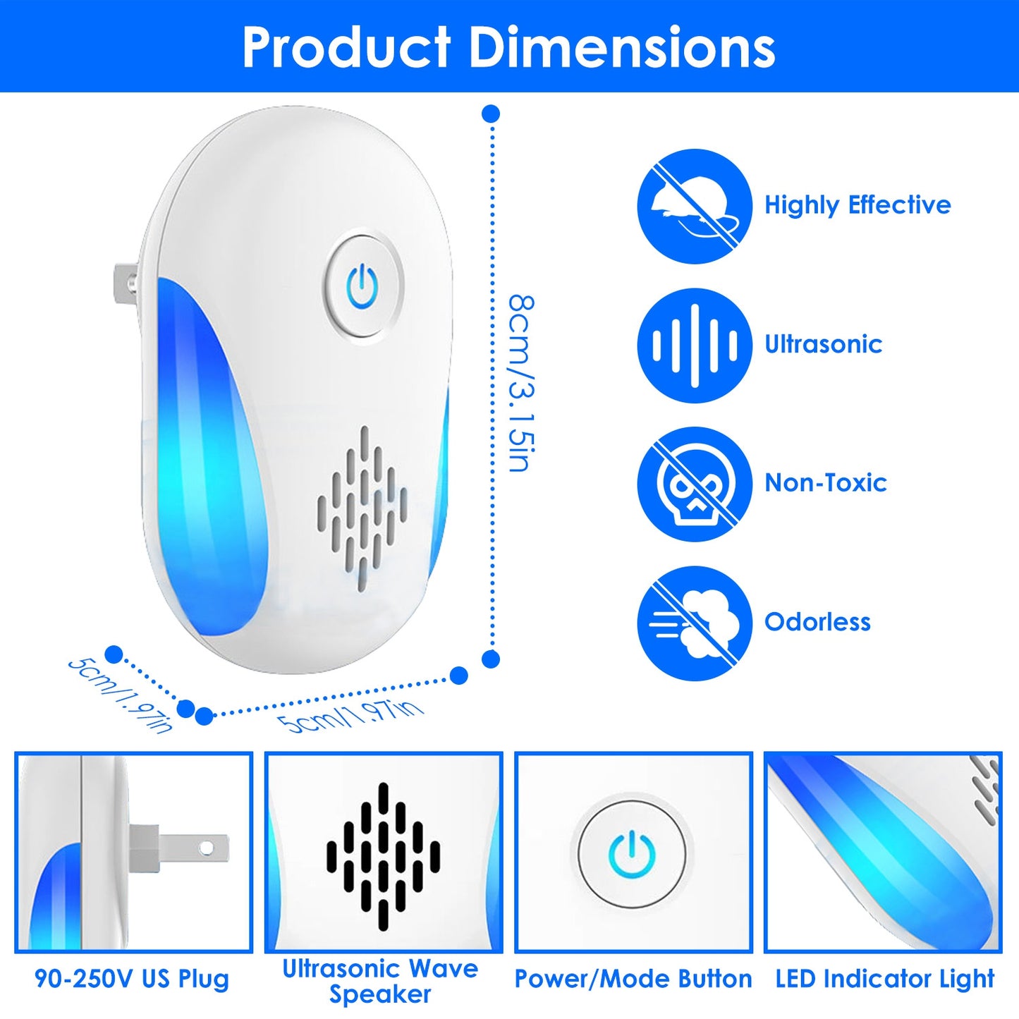 6 Packs Ultrasonic Pest Repellers Electric Plug-In Indoor Pest Control Mouse Repellent Chaser Deterrent Rodent Chaser With 2 Modes For Home Kitchen Office Warehouse Hotel