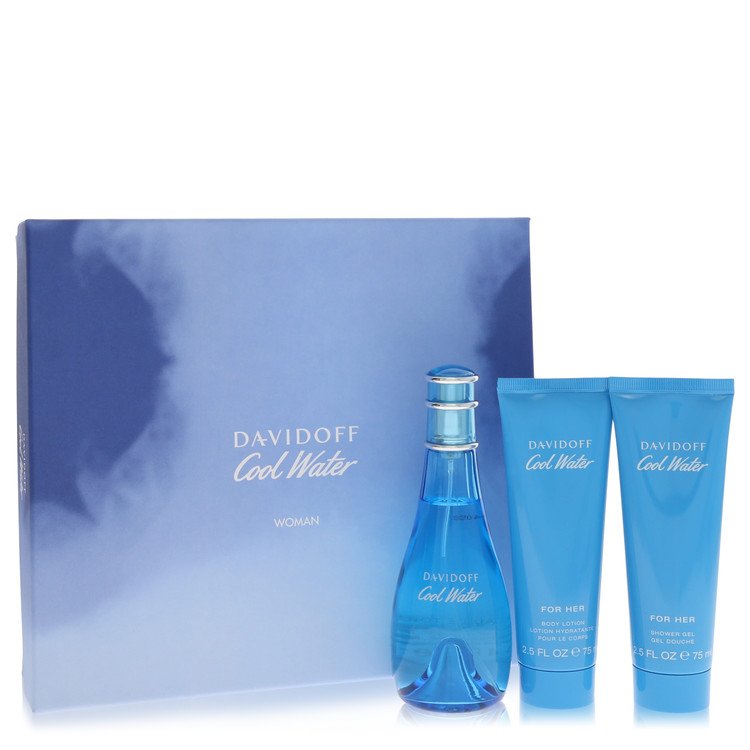 Cool Water By Davidoff Gift Set 3.4 Oz Eau De Toilette Spray + 2.5 Oz Body Lotion + 2.5 Oz Shower Gel For Women