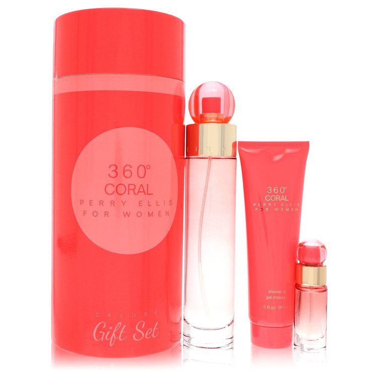 Perry Ellis 360 Coral By Perry Ellis Gift Set 3.4 Oz Eau De Parfum Spray + .25 Oz Mini EDP Spray + 3 Oz Shower Gel For Women