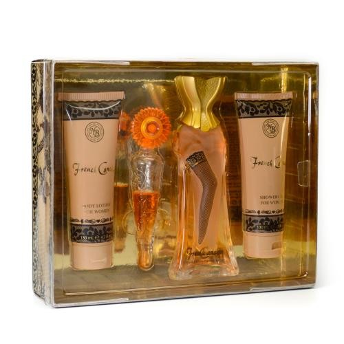 New Brand French Cancan 4 Pcs. Gift Set: 3.3 Fl.Oz. EDP Spray 4.3 Fl.Oz. Shower Gel 4.3 Fl.Oz. Body Lotion And .6 Fl.Oz. EDP Spray For Women