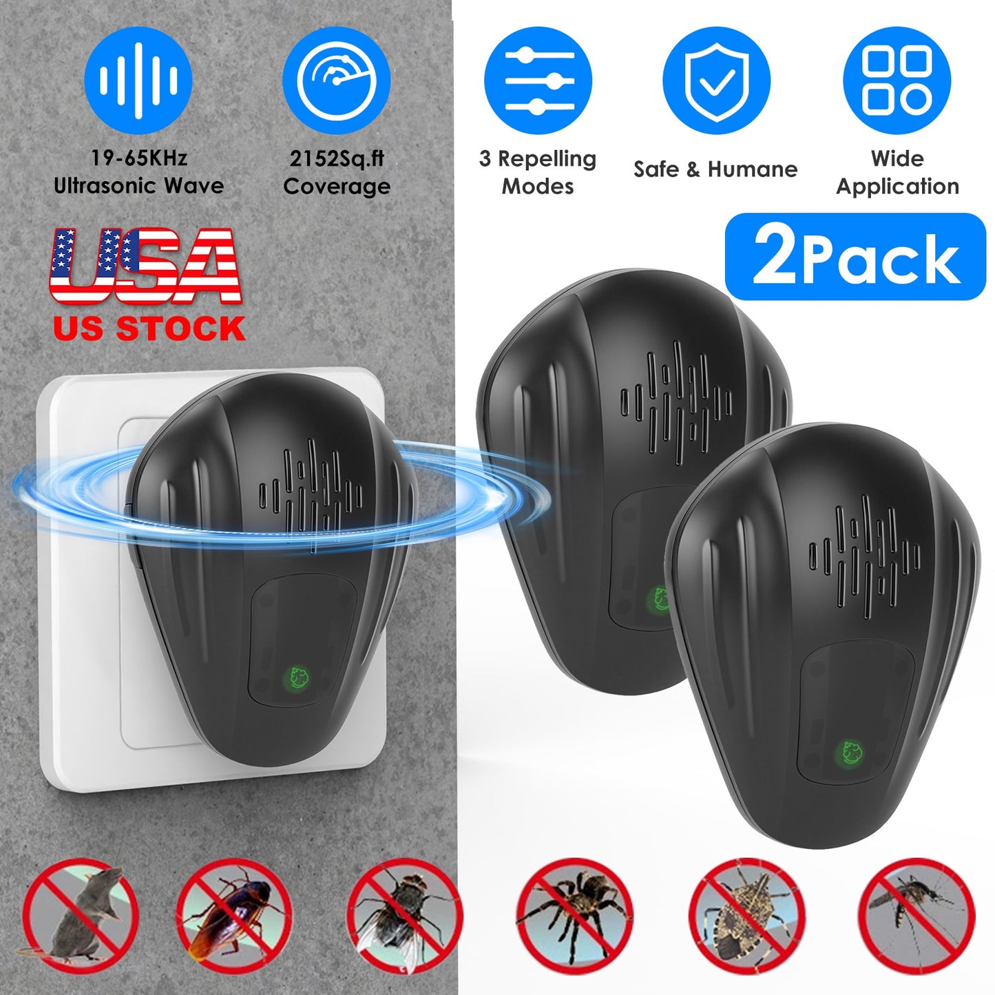 2 Pack Pest Control Device For Mosquitoes Cockroaches Rats Plug In Ultrasonic Insect Repellent Indoor For Bedroom Garage Warehouse Office