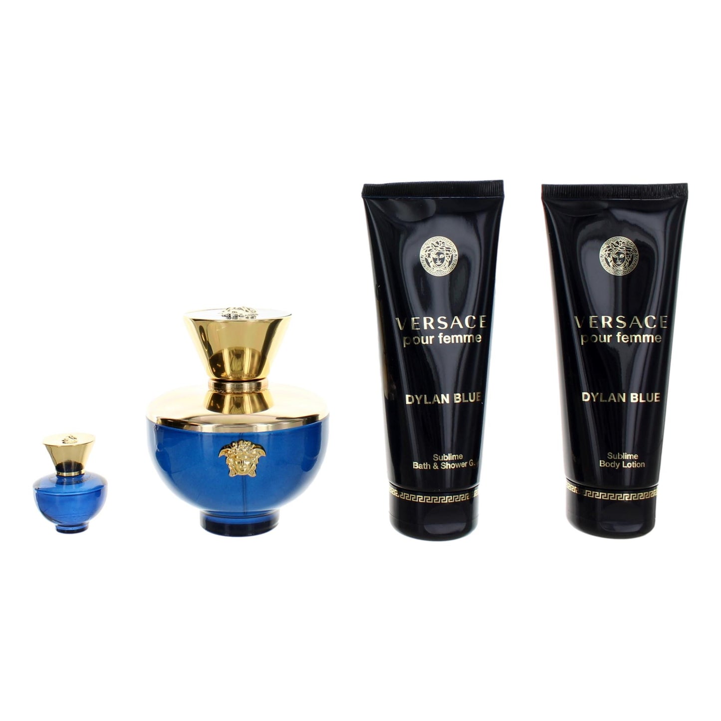 Dylan Blue Pour Femme By Versace 4 Pcs. Gift Set: Full-Size Eau De Parfum (3.4 Oz.), Sublime Bath & Shower Gel (3.4 Oz.), Sublime Body Lotion (3.4 Oz.), Round Makeup Case