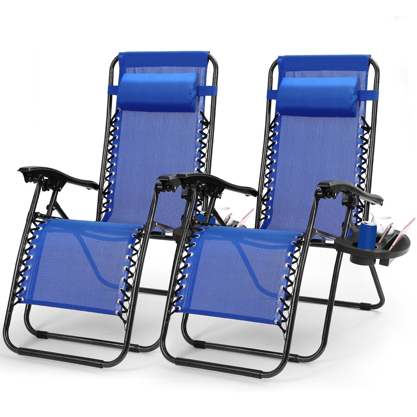 2Packs Zero Gravity Lounge Chair w/ Dual Side Tray 330lbs Load Foldable Recliner Chair w/ Stress Relief Pillow Patio Poolside Beach Lying Chair