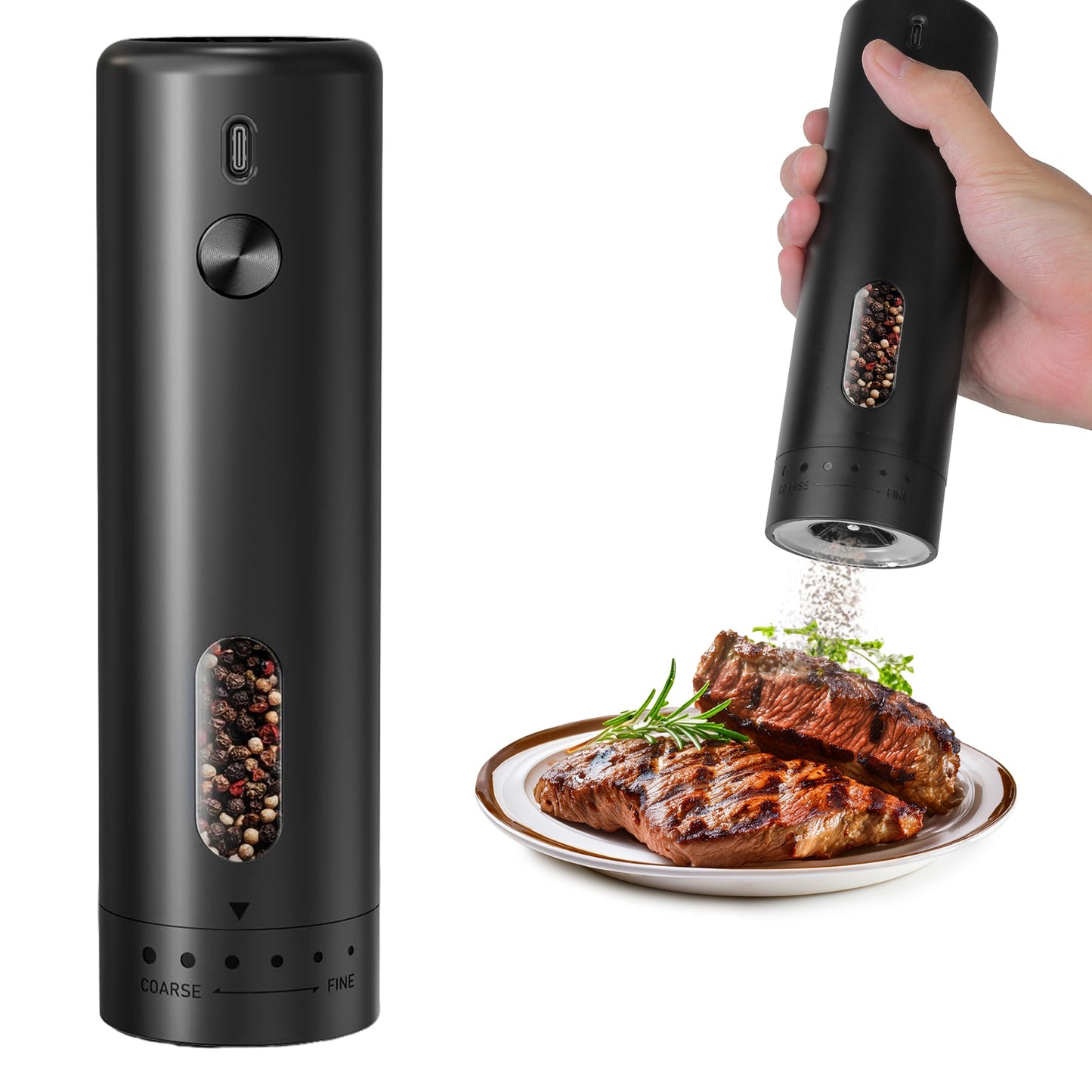 Electric Pepper Grinder USB Rechargeable Pepper Mill Automatic Salt Grinder with 6 Adjustable Coarseness LED Light 110ML/3.72OZ Container One Hand Ope