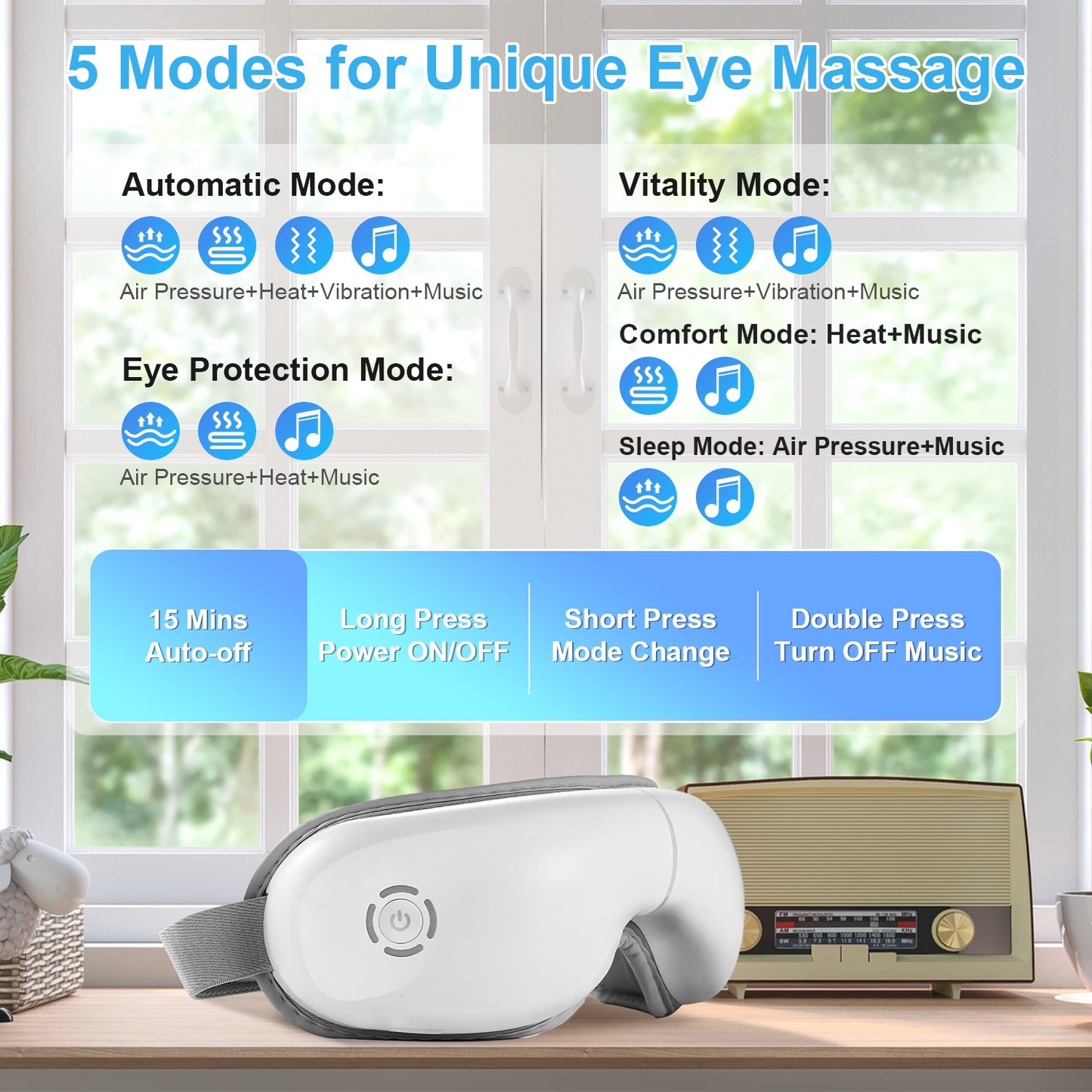 Eye Massager With Heat Music Air Pressure Vibration Massage Rechargeable For Men Women Elders Wireless Eye Mask