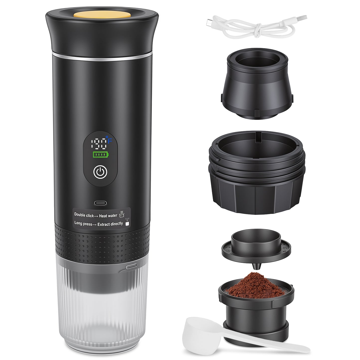 3-in-1 Portable Espresso Machine Cordless Self-Heating Coffee Maker with 7500mAh Battery 90℃/194℉ Heating 20Bar Pressure Anti-Dry Burn Fit for Ground
