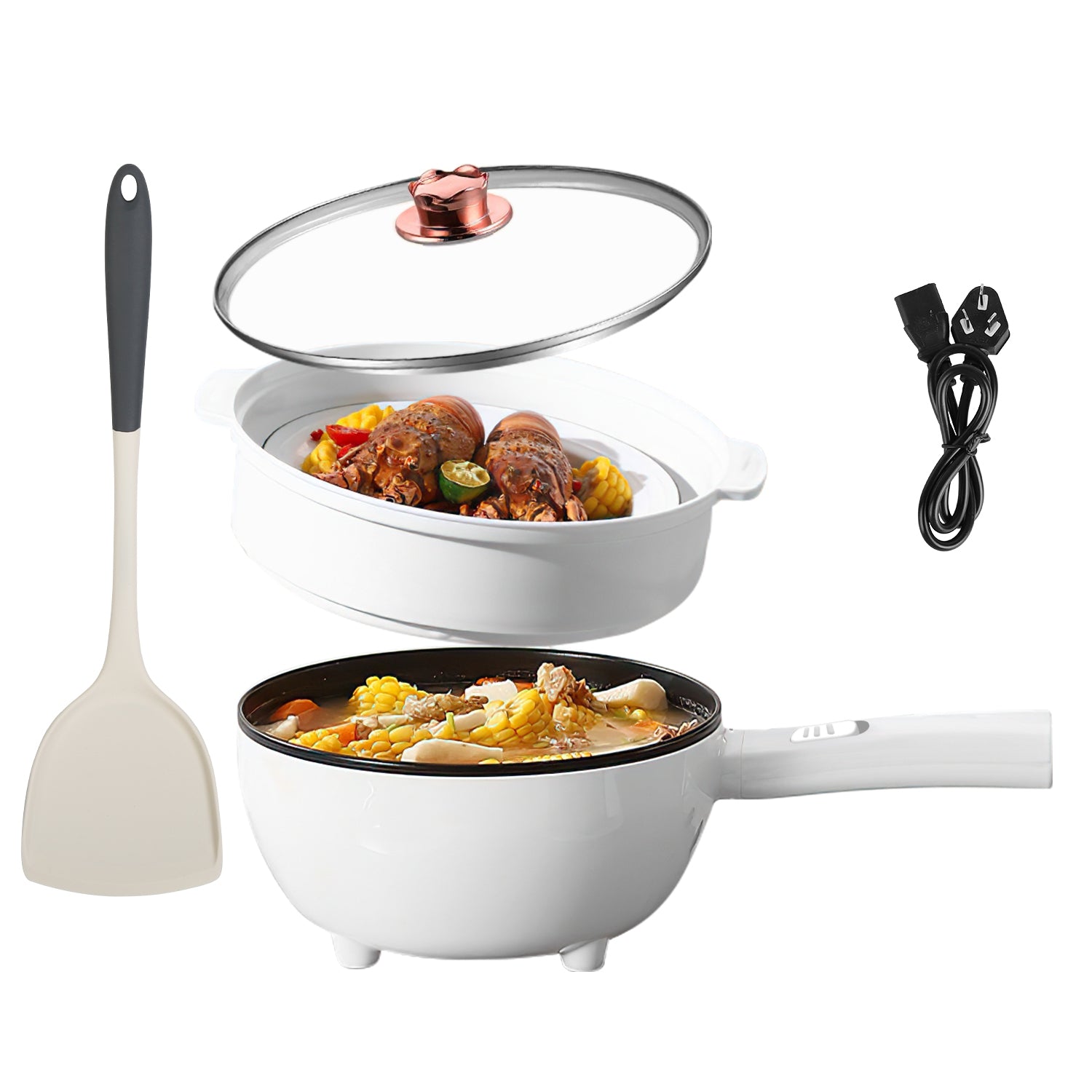 Electric Hot Pot Non-Stick Frying Pan Portable Rapid Noodles Cooker with Long Handle Steamer Spatula Dual Power Control Overheat Dry-Boil Protection f
