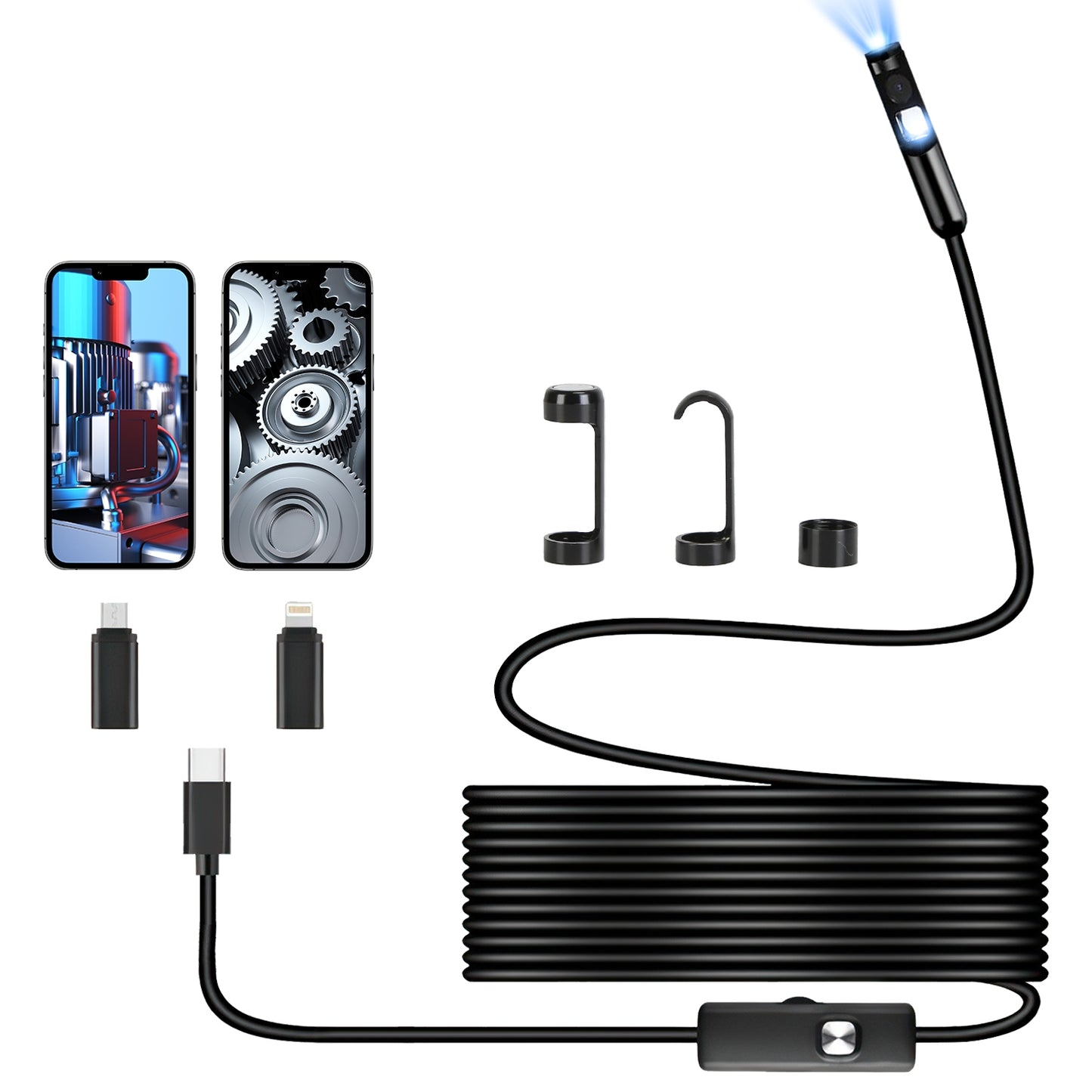 Endoscope Camera 1920P HD IP67 Waterproof Inspection Borescope Tool with Light and 8+1 Dual Lens 16.4ft Semi-Rigid Snake Cable Stepless Brightness APP
