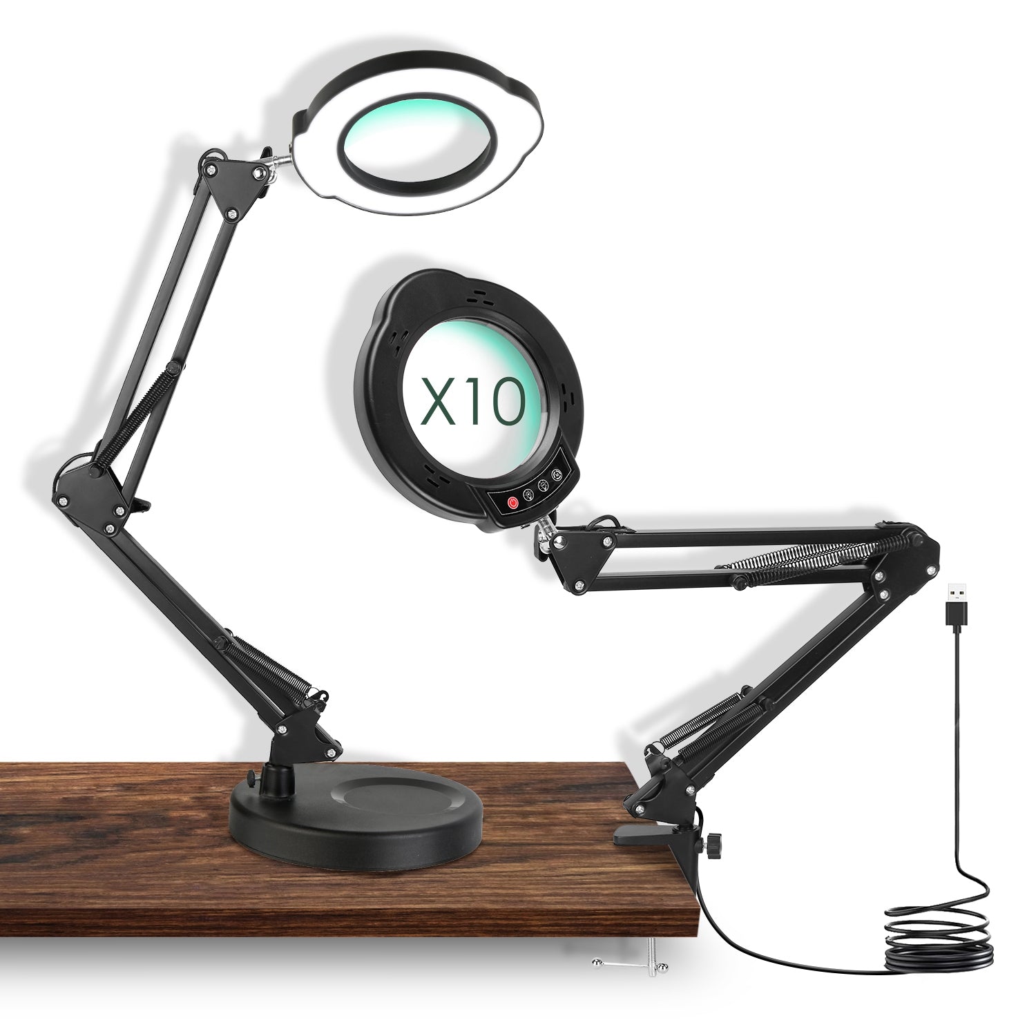 10X Magnifying Glass with Light And Stand Real Glass Lens Magnifying Desk Lamp with Clamp 5 Color Modes Dimmable Brightness For Craft Reading Painting