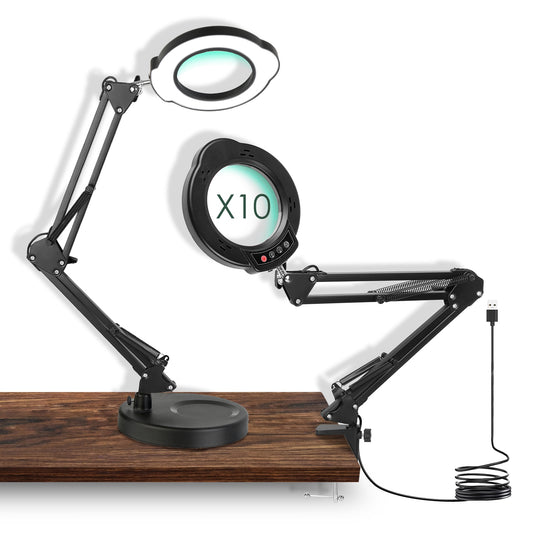 10X Magnifying Glass with Light And Stand Real Glass Lens Magnifying Desk Lamp with Clamp 5 Color Modes Dimmable Brightness For Craft Reading Painting