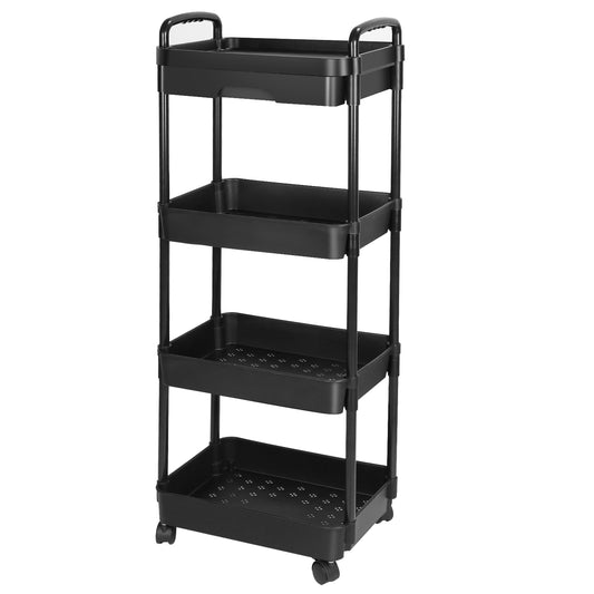 4 Tier Rolling Utility Cart Movable Storage Organizer with Drawer Lockable Wheels 360 Degree Rotatable Hallow Design for Bedroom Bathroom Kitchen