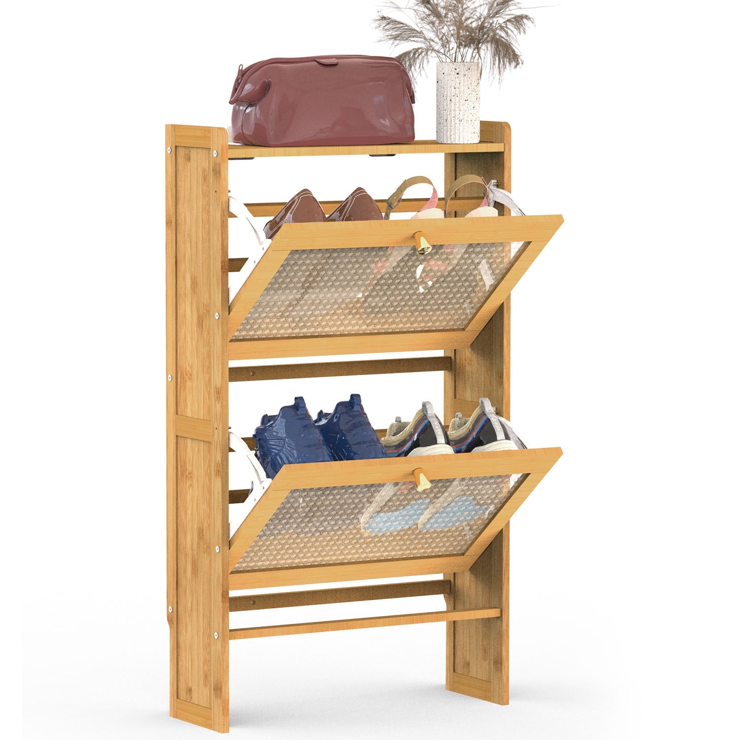 2-Tier Shoe Cabinet with 2 Flip Drawers Slim Bamboo Shoe Rack Freestanding Narrow Shoe Organizer with 44lbs Max Load for Entryway Hallway