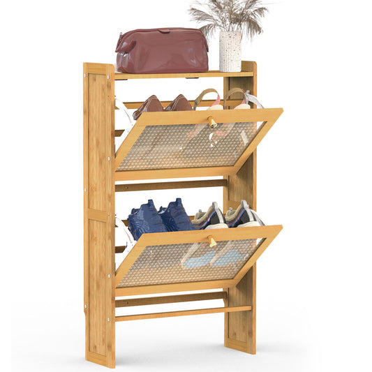 2-Tier Shoe Cabinet with 2 Flip Drawers Slim Bamboo Shoe Rack Freestanding Narrow Shoe Organizer with 44lbs Max Load for Entryway Hallway