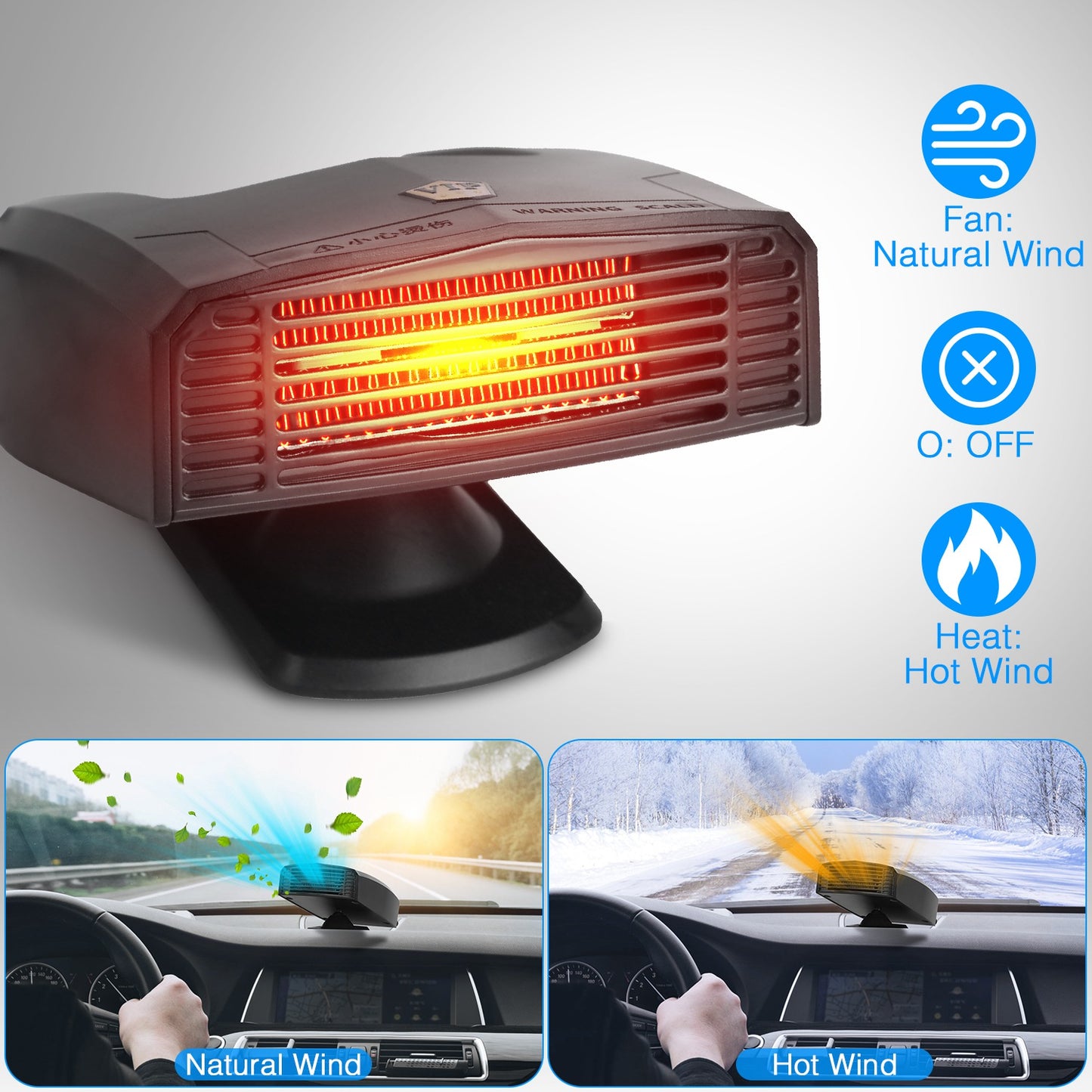 Portable Car Heater Heating Fan 2 In 1 Defroster Defogger Demister Windshield Heater Automotive Cooling Fan With 360 Degree Rotating Base