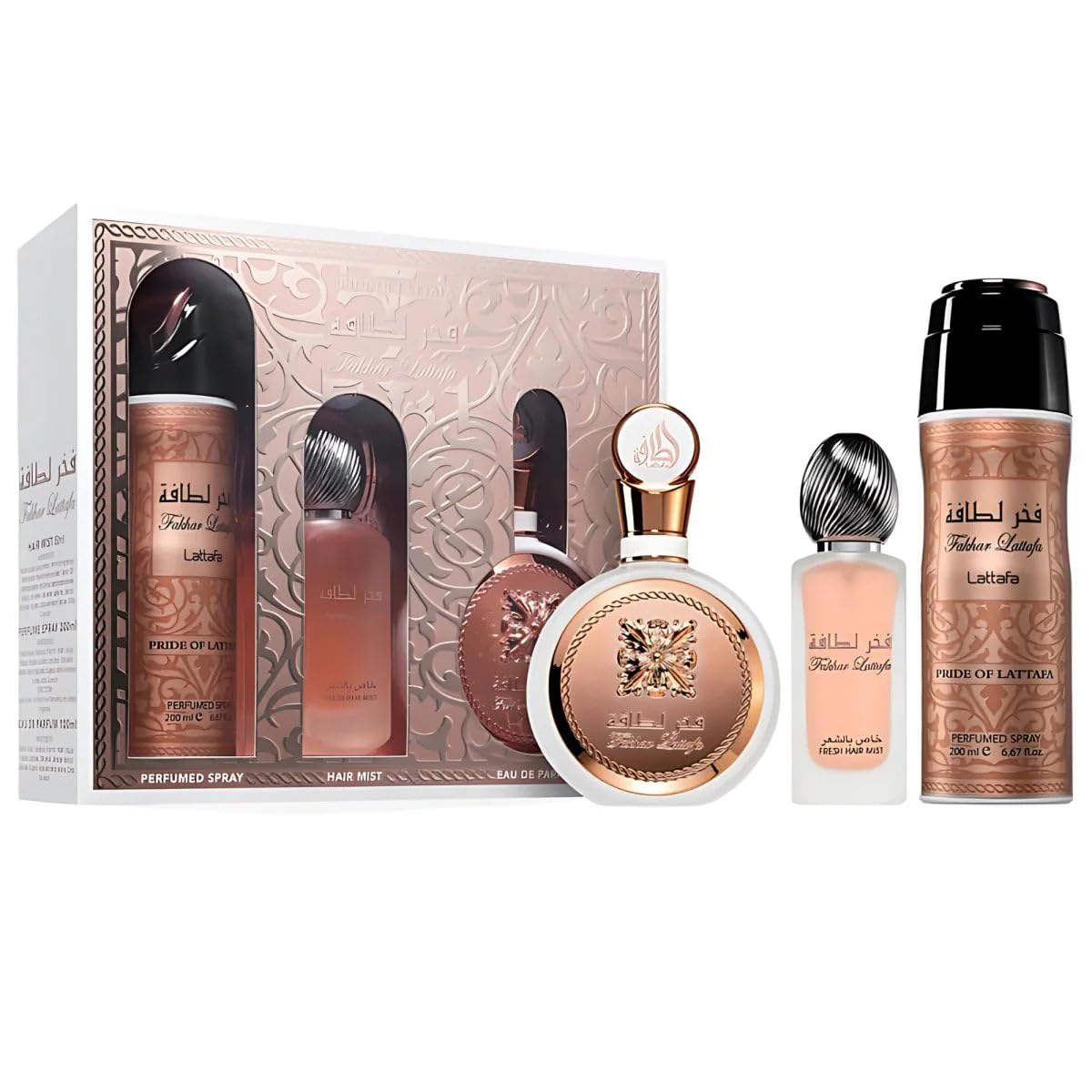Lattafa Fakhar W 3Pc Set: 3.4 EDT Spray + 6.8 Deodorant Spray + Hair Mist For Women