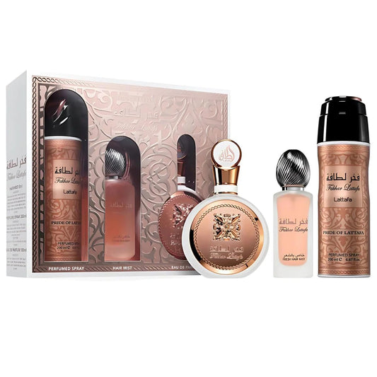 Lattafa Fakhar W 3Pc Set: 3.4 EDT Spray + 6.8 Deodorant Spray + Hair Mist For Women