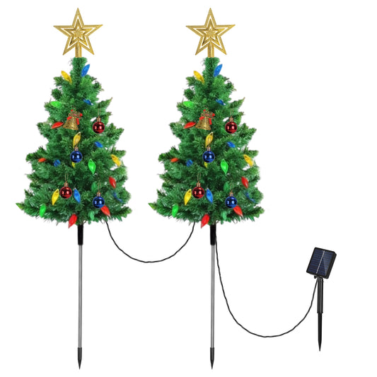 2Pack 37.4in Height Solar Christmas Tree With 100 Colorful LED Beads 8 Lighting Modes For Xmas Decoration IP44 Waterproof Outdoor Pathway Stake Light