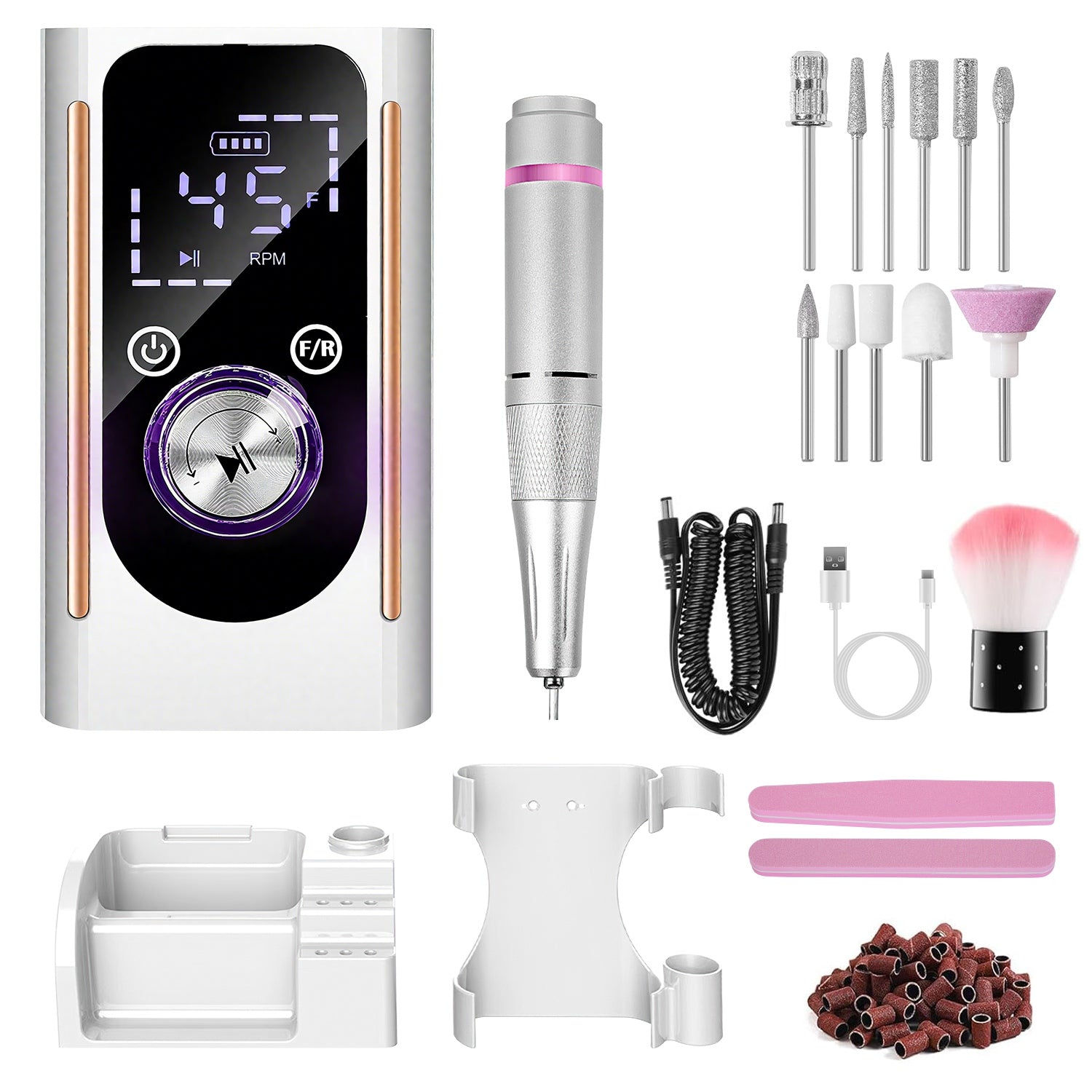 Portable Electric Nail Drill Bit 45000 RPM With 11 Bits Base Waist Clip Cordless Rechargeable Nail File Machine For Professional Salon Home Acrylic Na