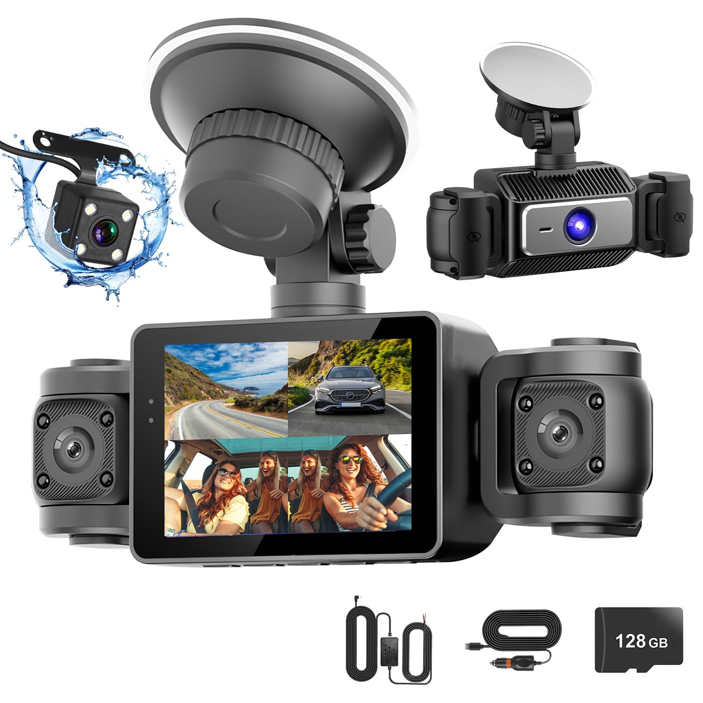 4 Channel Car Dash Cam with 128G MMC Card 1080P Front 720P Left Right 480P Rear G-Sensor Parking Monitor Loop Recording Night Vision 360° Surveillance
