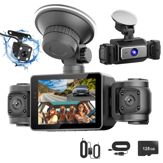 4 Channel Car Dash Cam with 128G MMC Card 1080P Front 720P Left Right 480P Rear G-Sensor Parking Monitor Loop Recording Night Vision 360° Surveillance