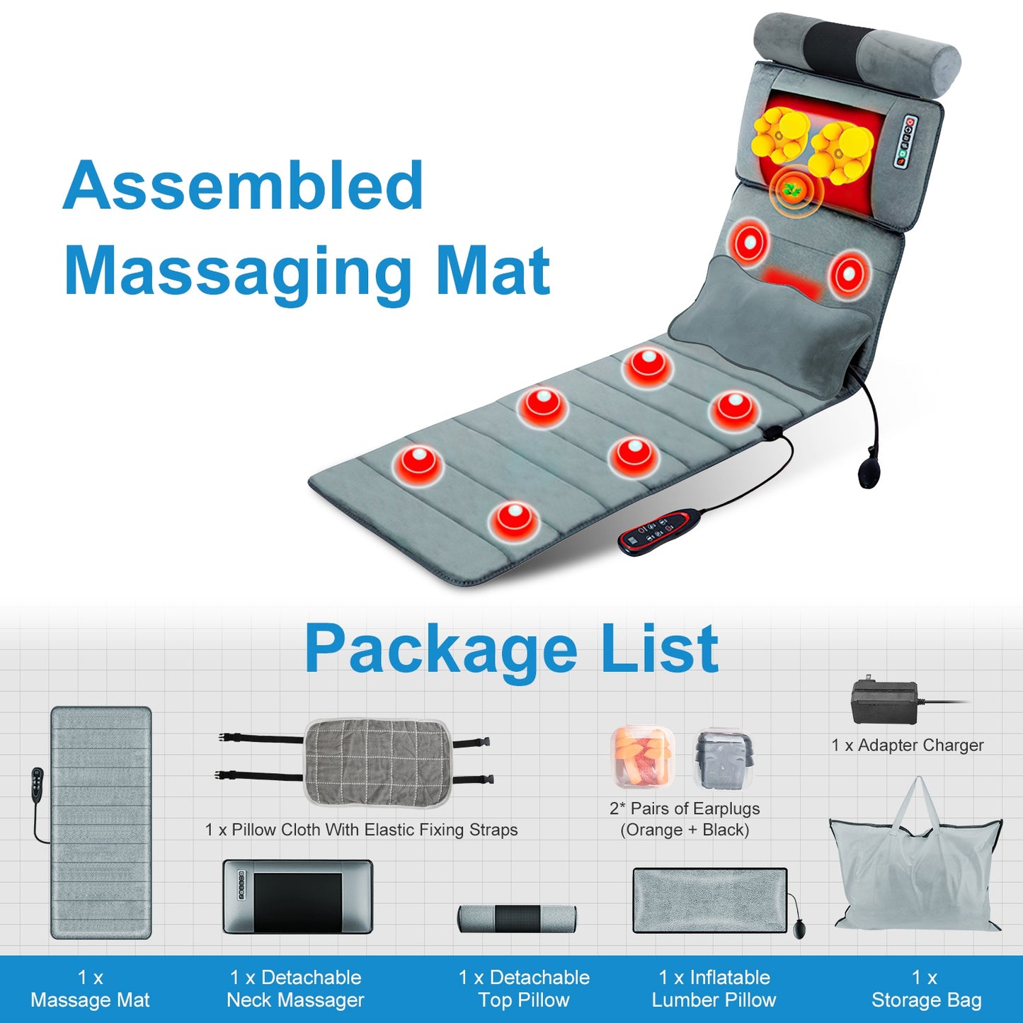 Advanced Version Full Body Electric Massage Mat With Heat Vibration Massage Pad Cushion With Neck Massager Lumbar Pillow With 10 Vibration Motors 3 Timers Anti-Slip Bottom Earplugs