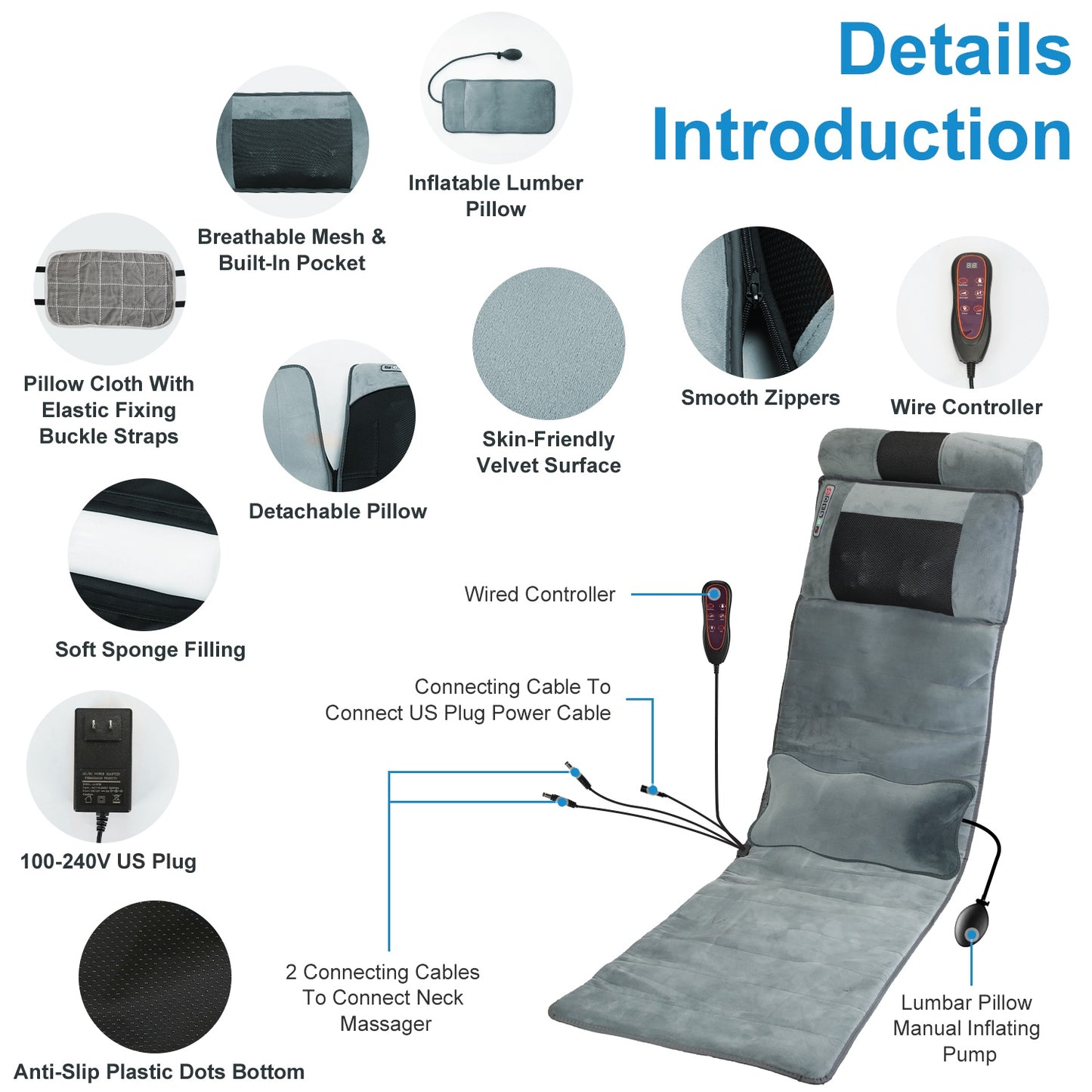 Advanced Version Full Body Electric Massage Mat With Heat Vibration Massage Pad Cushion With Neck Massager Lumbar Pillow With 10 Vibration Motors 3 Timers Anti-Slip Bottom Earplugs