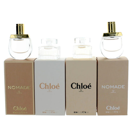 Chloe 4 Pcs Set For Women: Nomade 0.16 Eau De Toilette Mini + Rose Tangerine 0.16 Eau De Toilette Mini + Chloe 0.16 Eau De Parfum Mini + Nomade 0.16 Eau De Parfum Mini