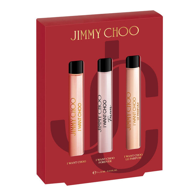 Jimmy Choo 3 Pcs Mini Set For Women: I Want Choo 0.33 Oz Eau De Parfum Spray + I Want Choo Forever 0.33 Oz Eau De Parfum Spray + I Want Choo Le Parfum 0.33 Oz Parfum Spray
