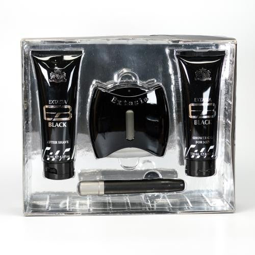 New Brand Extasia Black 4 Pcs. Gift Set: 3.3 Fl.Oz. EDT Spray 4.3 Fl.Oz. Shower Gel 4.3 Fl.Oz. Aftershave And .6 Fl.Oz. EDT Spray For Men
