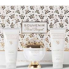 Afnan Souvenir Floral Bouquet 3 Pcs. Set: 3.4Oz EDP 3.4Oz. Body Lotion 3.4Oz. Gel For Women