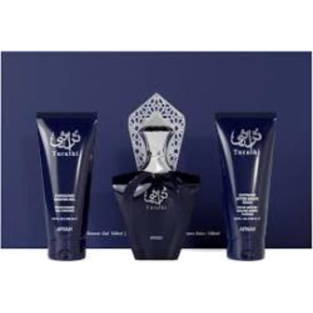 Afnan Turathi Blue 3 Pcs Set: 3Oz. EDP 3.4Oz. Gel And 5Oz. Aftershave For Men.