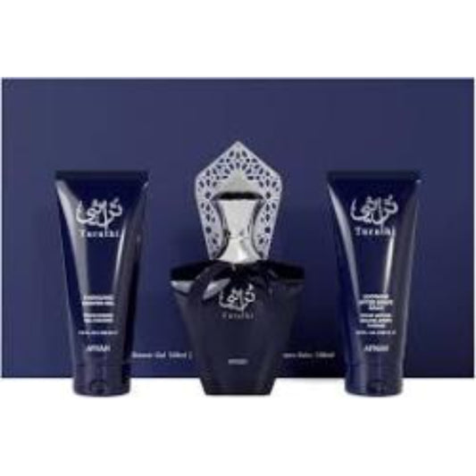 Afnan Turathi Blue 3 Pcs Set: 3Oz. EDP 3.4Oz. Gel And 5Oz. Aftershave For Men.